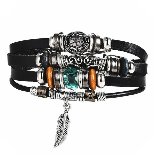 Tibetan Stone Feather Bracelet Leatherette Luck Bead Charms Bracelet