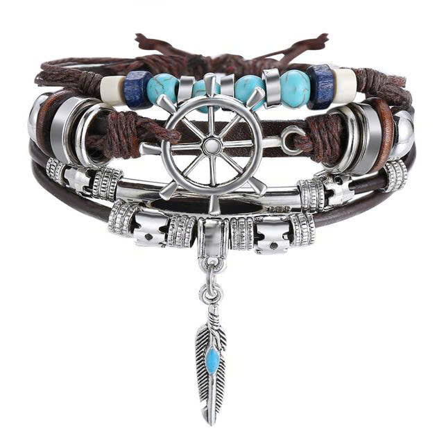 Tibetan Stone Feather Bracelet Leatherette Luck Bead Charms Bracelet