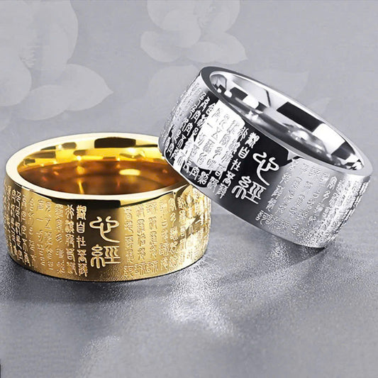Vintage Buddhism Ancient Sutra Engraved Men Gold Silver Antique Ring